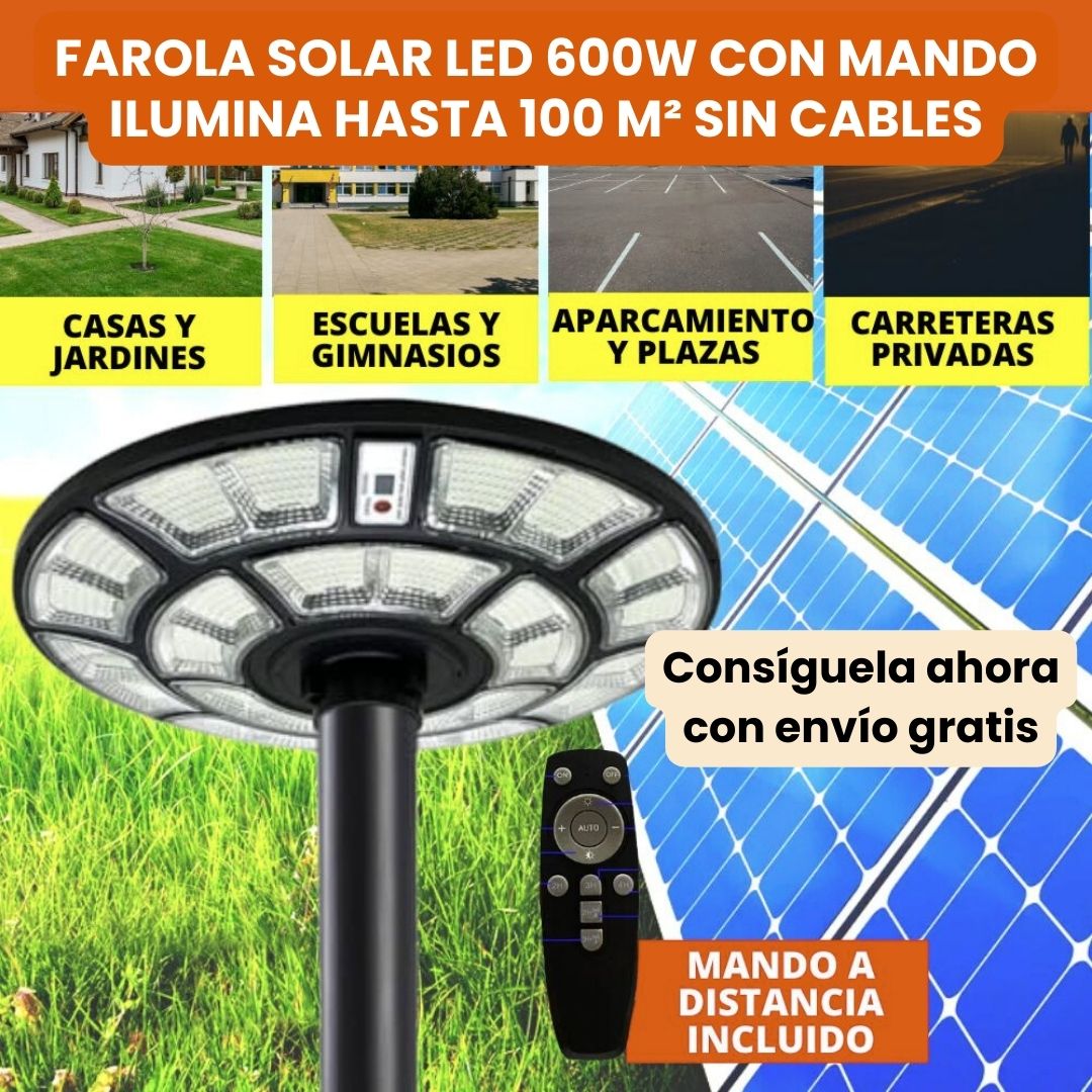 Farola Solar Recargable 600W LED con Mando a Distancia