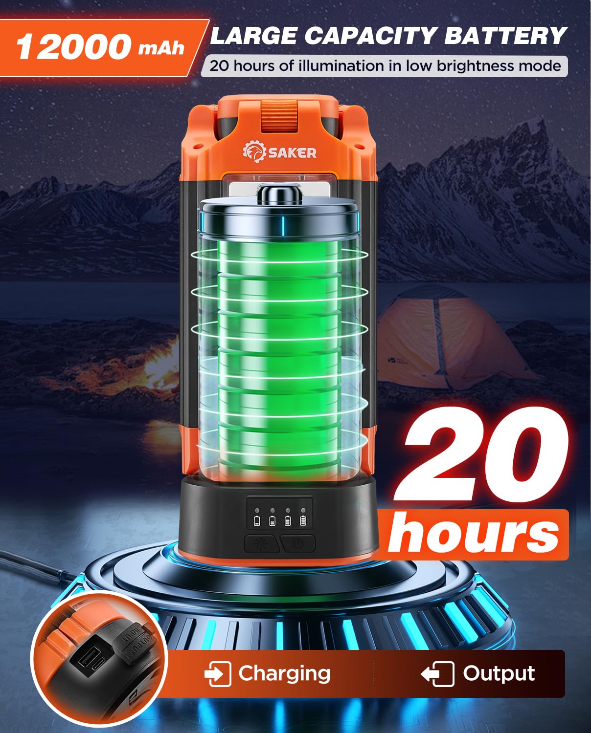 Saker Luz de Camping Portátil Recargable 800-3200 Lumen