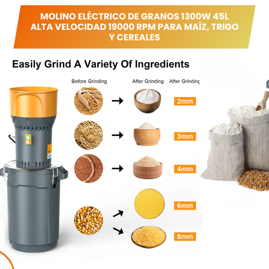 Molino Eléctrico de Granos 1300W 45L Alta Velocidad 19 000 RPM para Maíz, Trigo y Cereales 🌾⚡