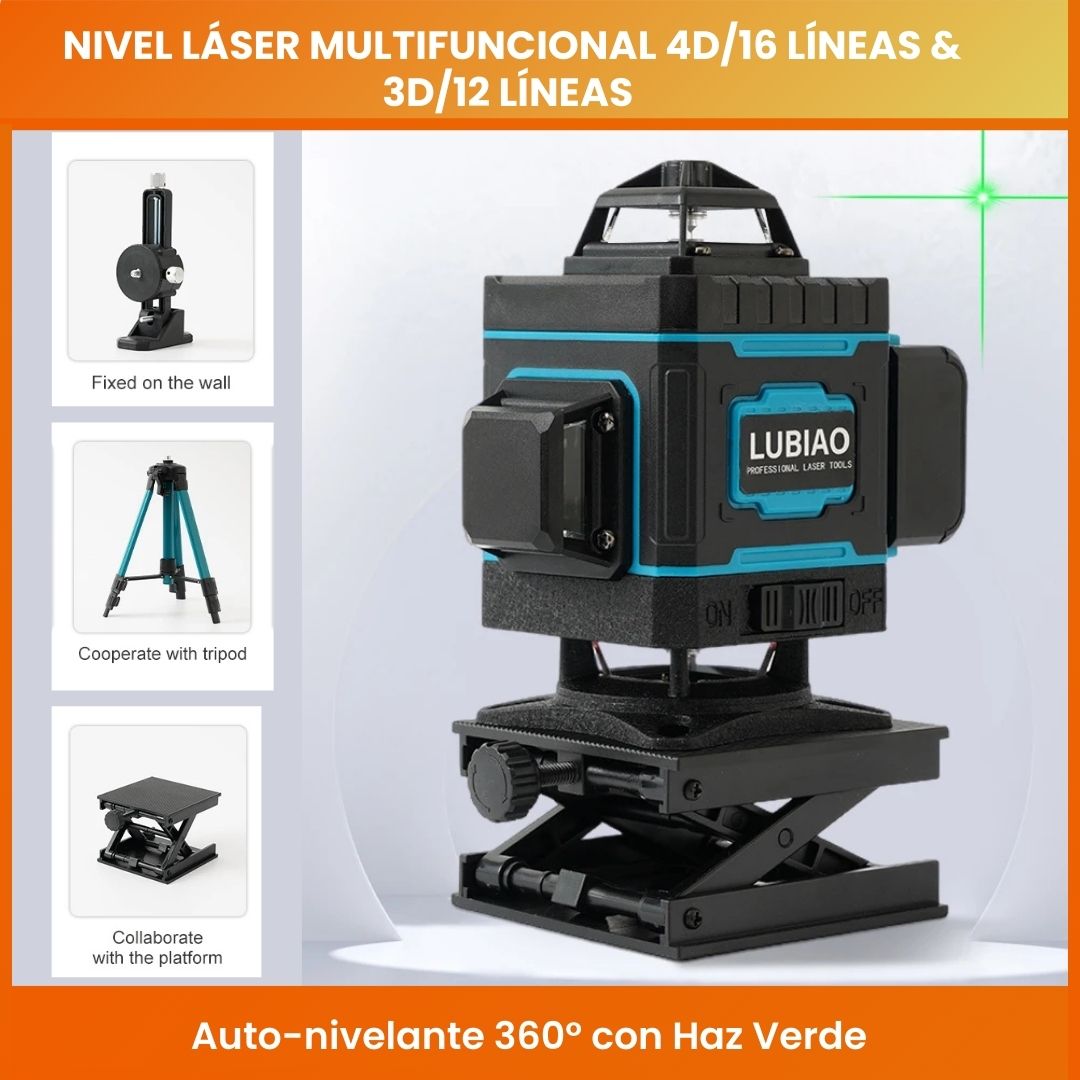 Nivel Láser Multifuncional 4D/16 Líneas & 3D/12 Líneas – Auto-nivelante 360° con Haz Verde