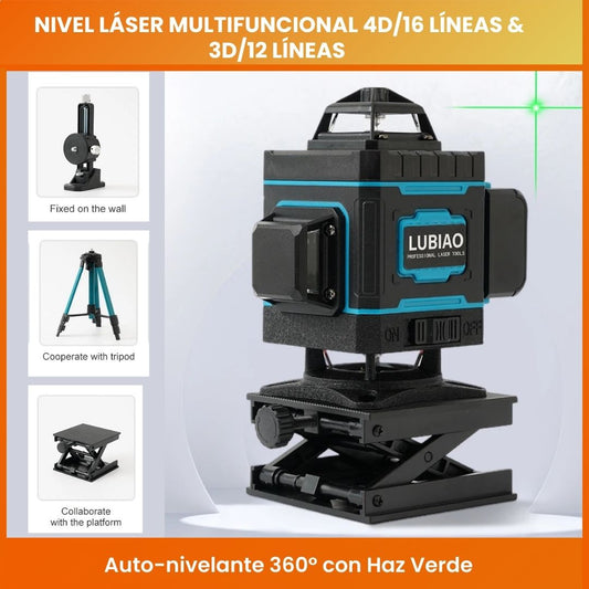Nivel Láser Multifuncional 4D/16 Líneas & 3D/12 Líneas – Auto-nivelante 360° con Haz Verde